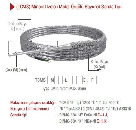 EMKO (TCMS) K Tipi Mineral İzoleli Metal Örgülü Bayonet Sonda Tipi Termokupllar